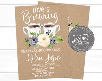 Bridal Shower Invitation, Bridal Tea Invitation, Editable Kraft Bridal Shower invitation, Love is brewing Invite, Printable Instant Access