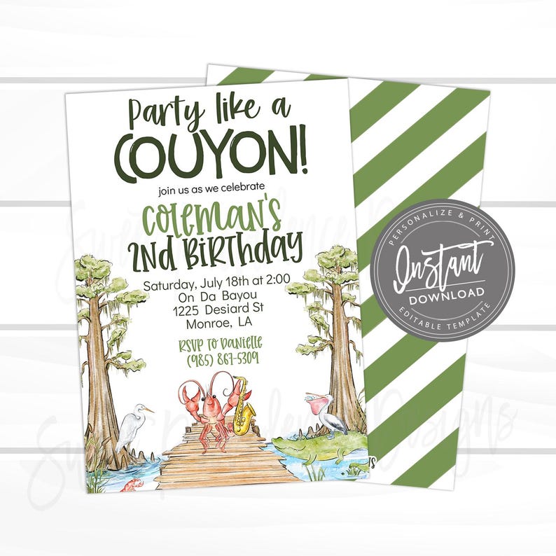 May include: A birthday party invitation with the text "Party like a COUYON!" in green. The invitation includes the details for Coleman's 2nd Birthday, with illustrations of a bayou scene, including a crawfish playing a saxophone. The back of the invitation has green diagonal stripes.