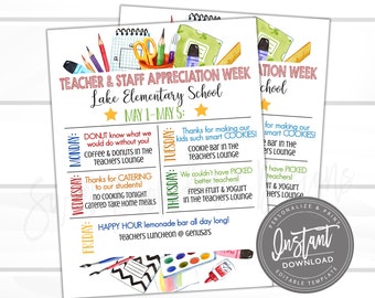 EDITABLE Teacher Appreciation Week Itinerary, Printable Digital File, Appreciation Week Schedule Events, Instant Access- Edit Now!