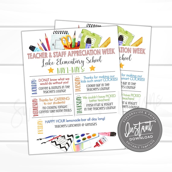 EDITABLE Teacher Appreciation Week Itinerary, Printable Digital File, Appreciation Week Schedule Events, Instant Access- Edit Now! Il_570xn