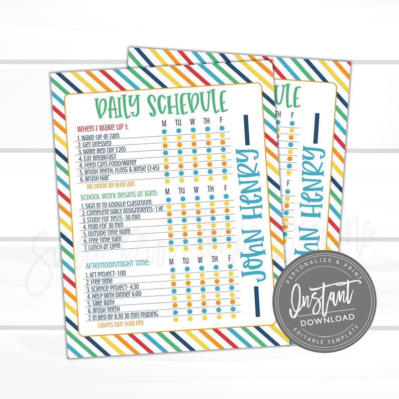 May include: A colorful printable daily schedule chart for a child named John Henry. The chart includes a daily schedule with times for waking up, school work, afternoon and night activities, and bedtime. The chart is designed with a rainbow stripe pattern.