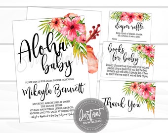 Aloha Baby Shower, Baby Shower Invitation Kit, Tropical Baby Shower invitation, Botanical Watercolor Invitation, EDITABLE Instant Access