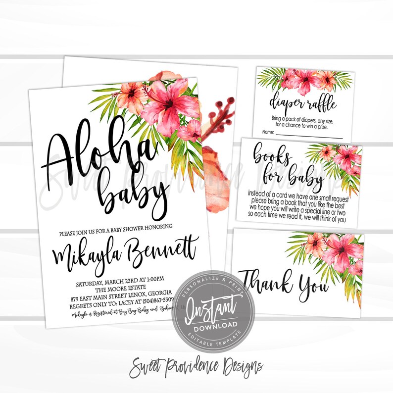 Aloha Baby Shower EDITABLE Instant Access Baby Shower Invitation Kit Botanical Watercolor Invitation Tropical Baby Shower invitation