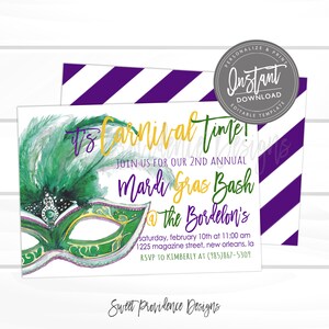 May include: A white invitation with a watercolor mask and feathers in green, gold, and purple. Text reads "It's Carnival Time!" and details for a Mardi Gras Bash, including date, time, and location.