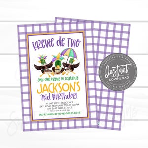 Mardi Gras Birthday Invitation, Krewe de two, Duck Mardi Gras Parade, Editable digital template, Birthday Girl, Instant Access image 1