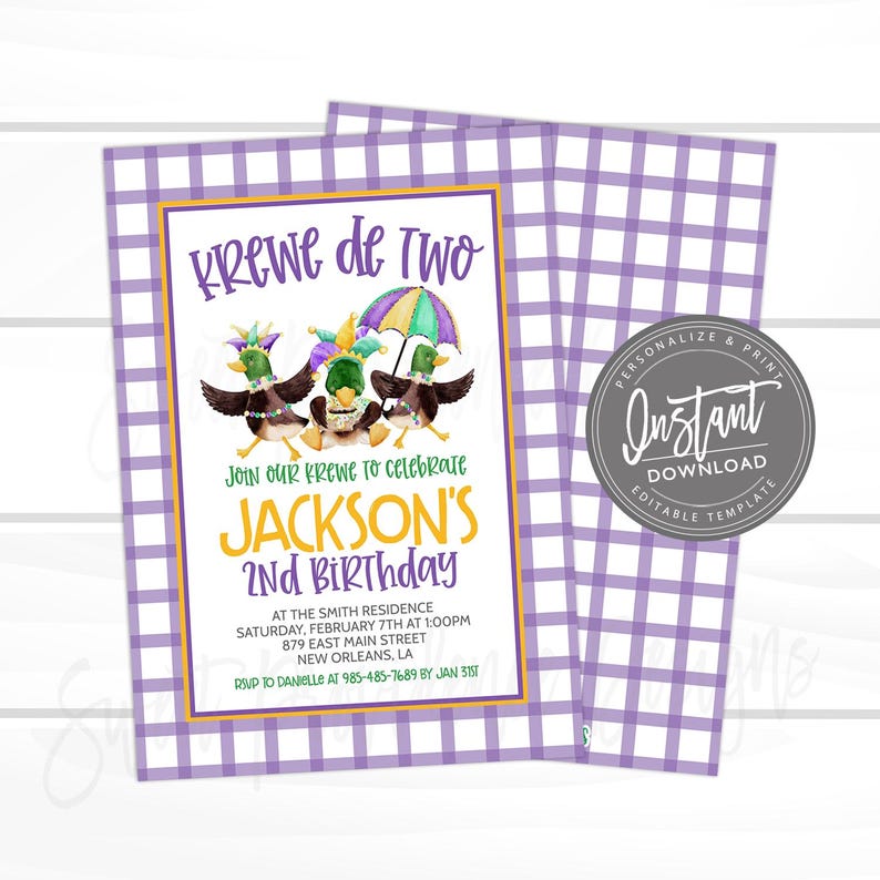Mardi Gras Birthday Invitation, Krewe de two, Duck Mardi Gras Parade, Editable digital template, Birthday Girl, Instant Access image 1