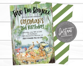 May include: A green and white striped background with a green and brown invitation card. The card features a watercolor illustration of a gator, pelican, and crawfish playing music on a wooden dock. The text on the card reads "Two Da Bayou" and "Coleman's 2nd Birthday". The invitation details include the date, time, location, and RSVP information.