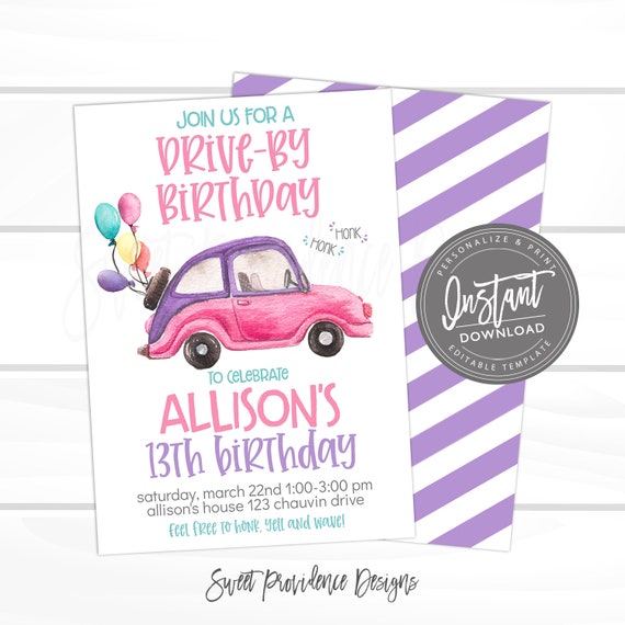 Birthday Party parade invitation Car birthday parade party. Printable Drive by birthday party invitation Drive thru birthday invitation