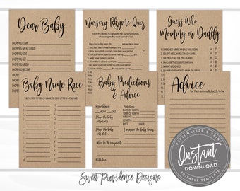 Baby Shower Games Template Pack, Printable Kraft Rustic Shower Game Cards, EDITABLE baby game, Shower Game, , Instant Access