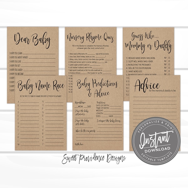Baby Shower Games Template Pack, Printable Kraft Rustic Shower Game Cards, EDITABLE baby game, Shower Game, , Instant Access