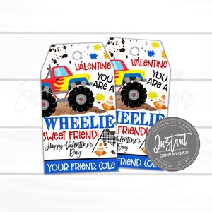 Puede incluir: Dos etiquetas de regalo de San Valent&iacute;n con un dise&ntilde;o de cami&oacute;n monstruo. Las etiquetas presentan un cami&oacute;n monstruo rojo, amarillo y azul, el texto "VALENTINE YOU ARE A WHEELIE SWEET FRIEND!" y "Happy Valentine's Day".