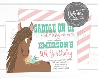 Horse Birthday Invitation, Western Horse Invitation, Editable Birthday invite template, Girl Horse Invitation, Printable Instant Access