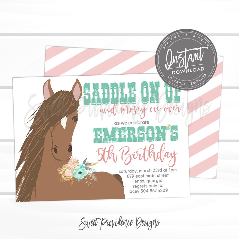 Horse Birthday Invitation, Western Horse Invitation, Editable Birthday invite template, Girl Horse Invitation, Printable Instant Access bild 1