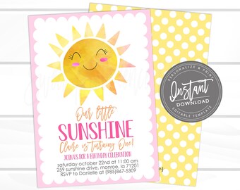 May include: A pink and yellow birthday invitation with a smiling sun illustration. The text reads "Our little SUNSHINE Claire is turning One!" and includes details for a birthday celebration.
