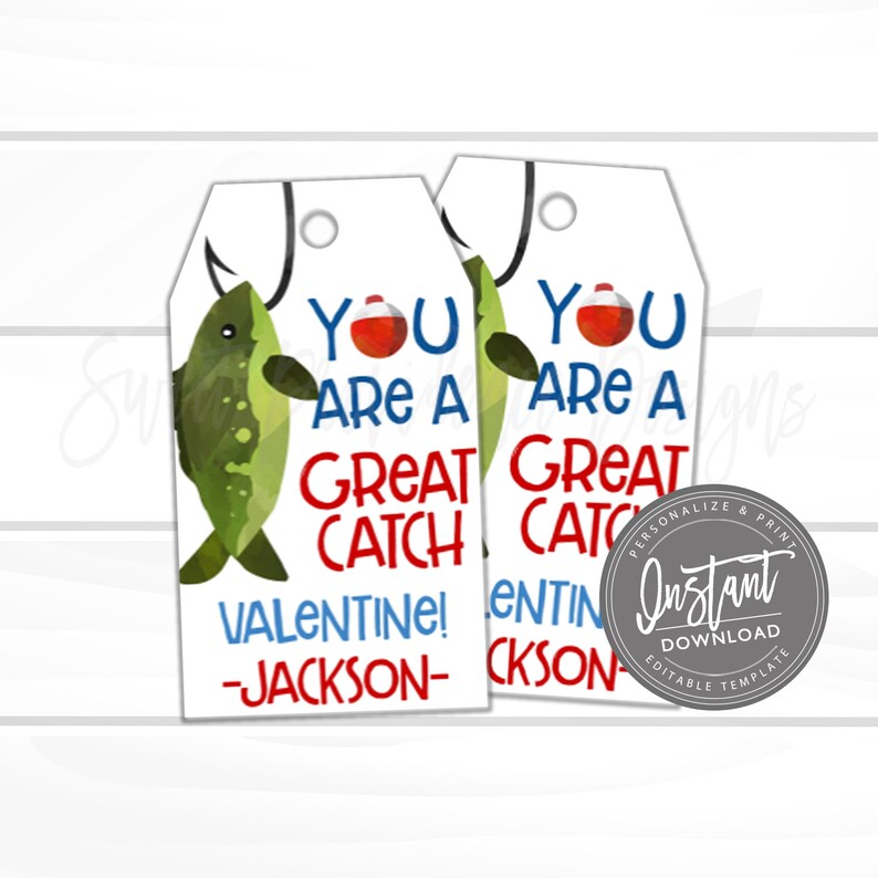 Op de afbeelding: Twee printbare Valentijnsdag-cadeauetiketten met een cartoonvis en de tekst "You are a great catch! Valentine! -Jackson-"