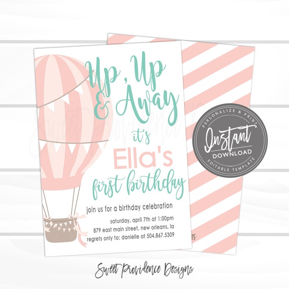 Birthday Party Invite Editable Birthday Invite First Birthday Invite Pink Balloon Invite Balloon Party Invite Editable Party Invitation