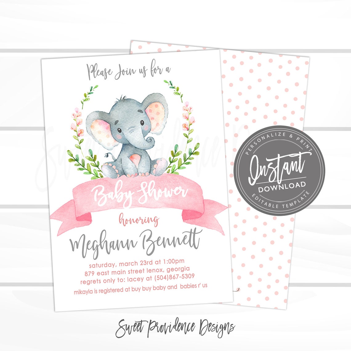 Girl Elephant Baby Shower Invitation Safari Elephant Etsy