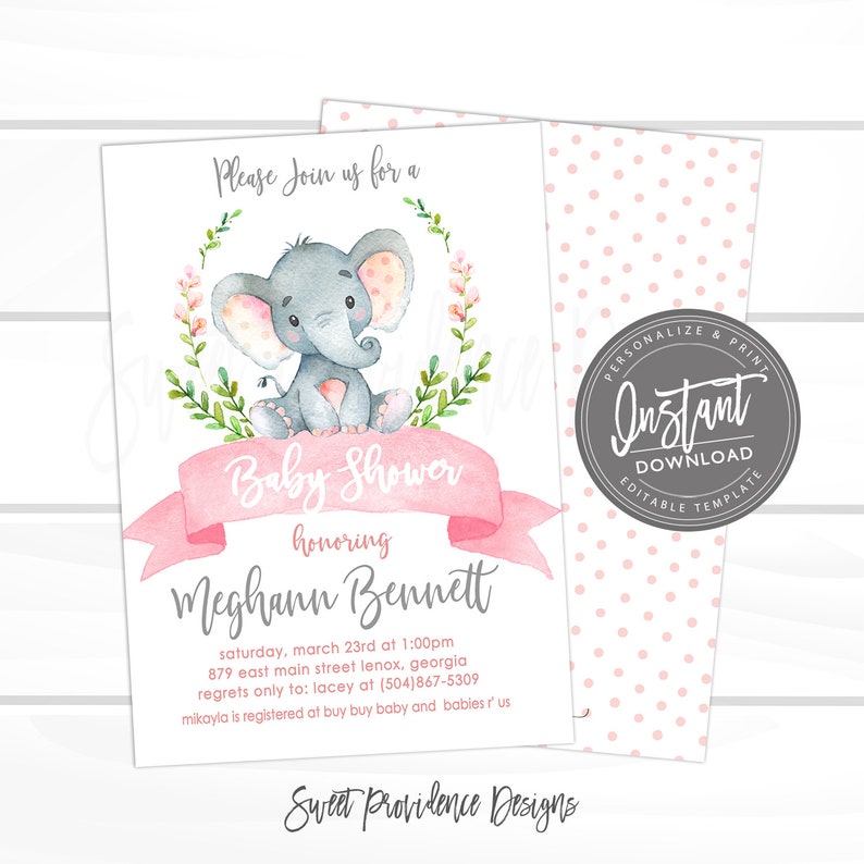 Girl Elephant Baby Shower Invitation Safari Elephant Etsy