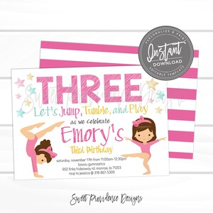 May include: Pink and white striped background with a white card featuring a pink and yellow "THREE" with a pink and blue "Let's Jump, Tumble, and Play as we celebrate Emory's Third Birthday" with two girls in pink leotards doing gymnastics poses. The text below reads "Saturday, November 17th from 11:00am-12:30pm Bayou Gymnastics 902 Finks Hideaway Rd. Monroe, LA 71203 RSVP to Jessica @ 318-867-5309". The bottom of the card reads "Sweet Providence Designs".
