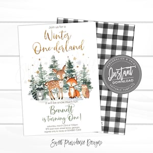 Winter Onederland Invitation, Woodland Animals birthday, Editable Birthday template, Boy First Birthday, Buffalo Plaid, Instant Access