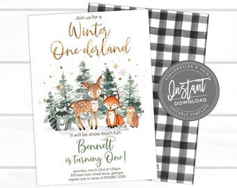 Winter Onederland Invitation, Woodland Animals birthday, Editable Birthday template, Boy First Birthday, Buffalo Plaid, Instant Access