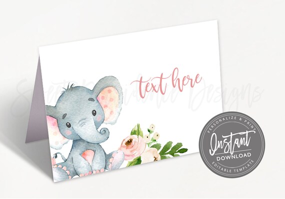 Floral Pink Elephant Food Tent, Editable Baby Shower Place Cards, Folded tent card, Girl Elephant Printable Template, Instant Access Il_570xn