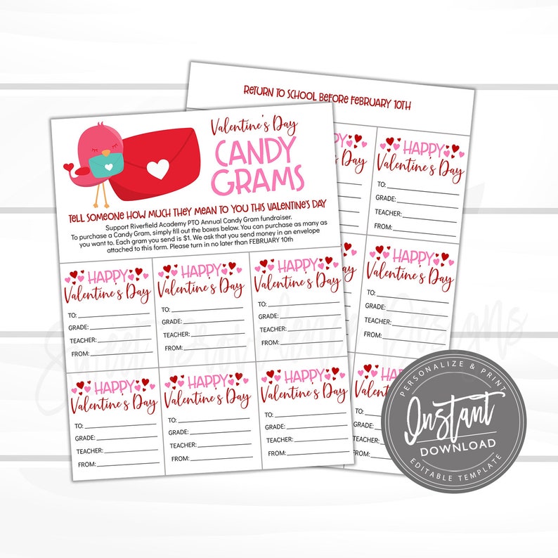 Valentine's Day Candy Gram Flyer, PTO PTA EDITABLE School Fundraiser Template, Valentine School Church Community Event, Instant Download image 1