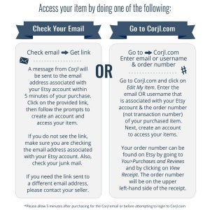 Puede incluir: Un gr&aacute;fico azul y blanco con instrucciones sobre c&oacute;mo acceder a tu art&iacute;culo despu&eacute;s de comprarlo en Etsy. El gr&aacute;fico muestra dos opciones: revisa tu correo electr&oacute;nico para obtener un enlace o ve a Corjl.com e ingresa tu n&uacute;mero de pedido. El gr&aacute;fico tambi&eacute;n incluye el texto "#" y "O".