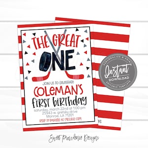 Hockey Birthday Invitation, The Great One, Editable hockey party, Boy Sports First Birthday Invitation, Printable Instant Access EDIT NOW