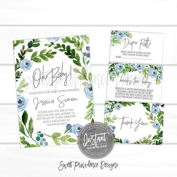 Baby Boy Shower Invitation Template, Blue Floral, Wreath Baby Shower invitation Kit, Floral Invitation Template, EDITABLE, Instant Access Il_570xn