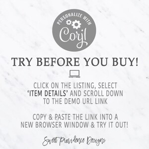 Puede incluir: Un gr&aacute;fico blanco y gris con el texto "PERSONALIZAR CON Corjl" en un c&iacute;rculo con engranajes. El texto "&iexcl;PRUEBA ANTES DE COMPRAR!" est&aacute; en letras grandes y negritas. Debajo del texto hay un icono de computadora e instrucciones sobre c&oacute;mo probar un producto antes de comprarlo.