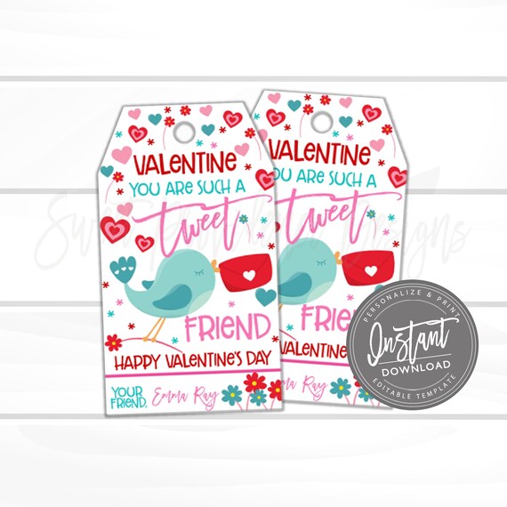 Valentine Favor Tags, Printable, You are Such a Tweet Friend, Valentine Party, Editable Valentine Card Kids, template INSTANT ACCESS Il_570xn