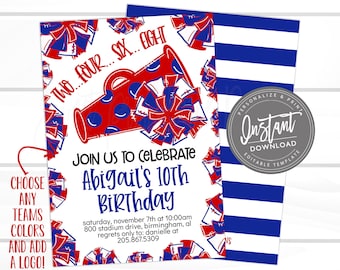 Puede incluir: Una invitación blanca con un patrón de pompones de animadora rojos y azules. La invitación dice "Únete a nosotros para celebrar el décimo cumpleaños de Abigail" e incluye detalles del evento, incluyendo la fecha, la hora, la ubicación y la información de contacto. El texto "Two... Four... Six... Eight" está escrito en un círculo en la parte superior de la invitación.