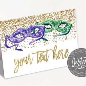 Mardi Gras Food Tent, bewerkbare naamplaatskaarten, gouden glittermaskers gevouwen tentnaamkaart, Mardi Gras afdrukbare sjabloon, directe toegang