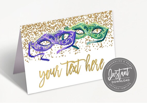 Mardi Gras Food Tent, Editable Name Place Cards, Gold Glitter Masks Folded tent name card, Mardi Gras Printable Template, Instant Access Il_570xn