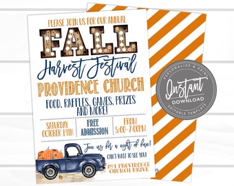 Fall Festival Invitation, Fall Fest Flyer, Pumpkin, Truck, Pumpkin Patch, Church, Fall Invite, Editable Flyer Template, Instant Download