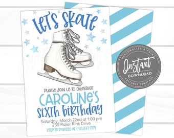 Ice Skating Birthday Invitation, Skating Birthday Invite,  Ice Skate Party, Editable Birthday Invite, Printable Instant Access Edit Now