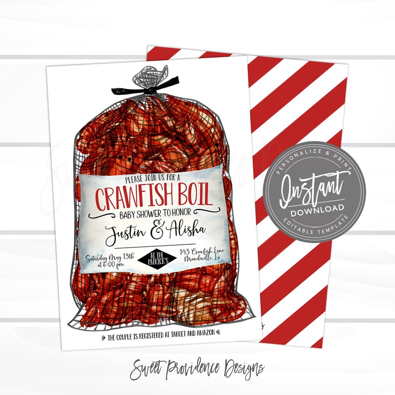 Puede incluir: Un fondo a rayas rojas y blancas con una tarjeta blanca que presenta un dibujo de una bolsa de cangrejos de r&iacute;o. La tarjeta dice "Por favor, &uacute;nase a nosotros para un baby shower de crawfish boil en honor a Justin & Alisha. S&aacute;bado 13 de mayo a las 6:00 p. m. en The Patrick's 143 Crawfish Lane, Mandeville, LA. La pareja est&aacute; registrada en Target y Amazon."