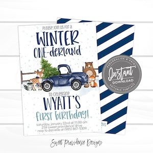 May include: A birthday invitation with a winter theme, featuring a blue truck and woodland creatures. The text reads "Winter One-derland" and "Wyatt's First Birthday!" with event details. The design includes a "Sweet Providence Designs" logo.