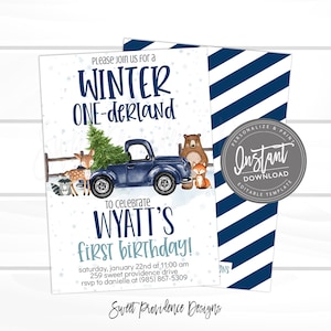 Winter Onederland Birthday Invitation, Boy Blue Vintage Truck, Editable Navy Winter Woodland First Birthday Invite Template, Instant Access