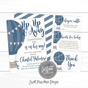 Hot Air Balloon Invitation Kit, Navy Blue Balloon, Up Up Away, Baby Shower Invite Kit, Editable Shower invitation Template, Instant Access image 1
