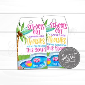 Lehrer Wertschätzung Geschenkanhänger, Schule ist aus, danke Favor Tag, Sommer Strand Tasche, Ende des Jahres, Sommer Tag druckbare, Instant Download