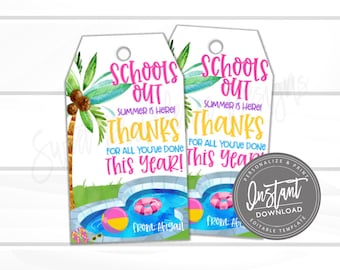 Teacher Appreciation Gift Tag, School is Out, Thank You Favor Tag, Summer beach tote, End of Year, summer Tag Printable, Instant Download