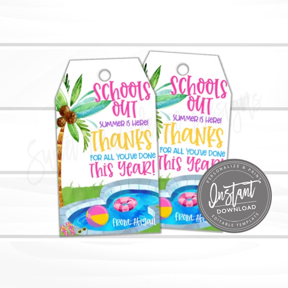 Teacher Appreciation Gift Tag, School is Out, Thank You Favor Tag, Summer beach tote, End of Year, summer Tag Printable, Instant Download