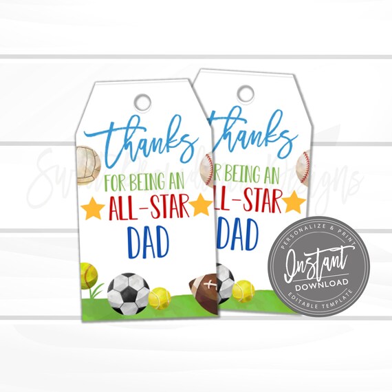 Father's Day Tag Printable, Instant Download Tags, All - Star Dad Gift Tag, Fathers Day Greeting Card Printable, Instant Access- Edit Now Il_570xn