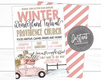 May include: A pink and white invitation for the Winter Wonderland Festival at Providence Church. The invitation includes event details, a graphic of a car carrying gifts, and the text "Instant Download".