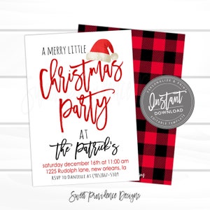 May include: A white invitation with red and black text for a Christmas party. The text reads "A Merry Little Christmas Party" with a Santa hat graphic. The invitation includes event details and a red and black plaid pattern.