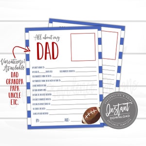 Cuestionario editable para el Día del Padre, Todo sobre papá, Preguntas de encuesta para niños, Encuesta para el Día del Padre, Regalo para el Día del Padre, Presente para el Día del Padre