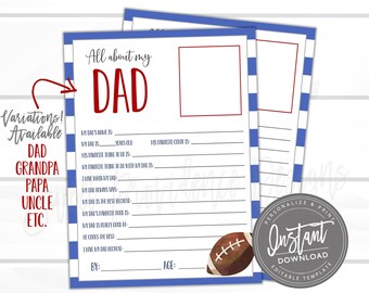 EDITABLE Fathers day questionnaire, All about Daddy, Survey questions for kids, Fathers Day Survey, Father's Day Gift, Father's Day Present