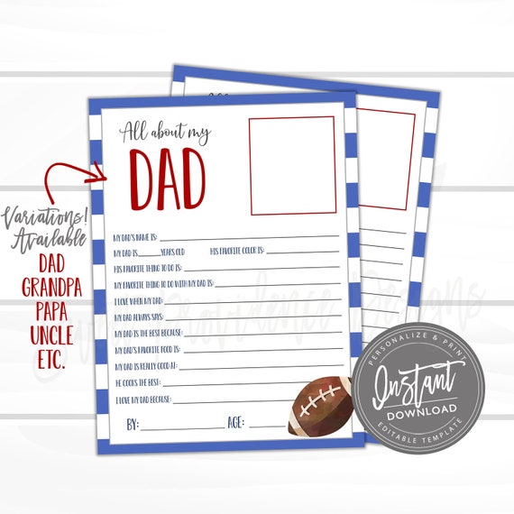 EDITABLE Fathers day questionnaire, All about Daddy, Survey questions for kids, Fathers Day Survey, Father's Day Gift, Father's Day Present Il_570xn